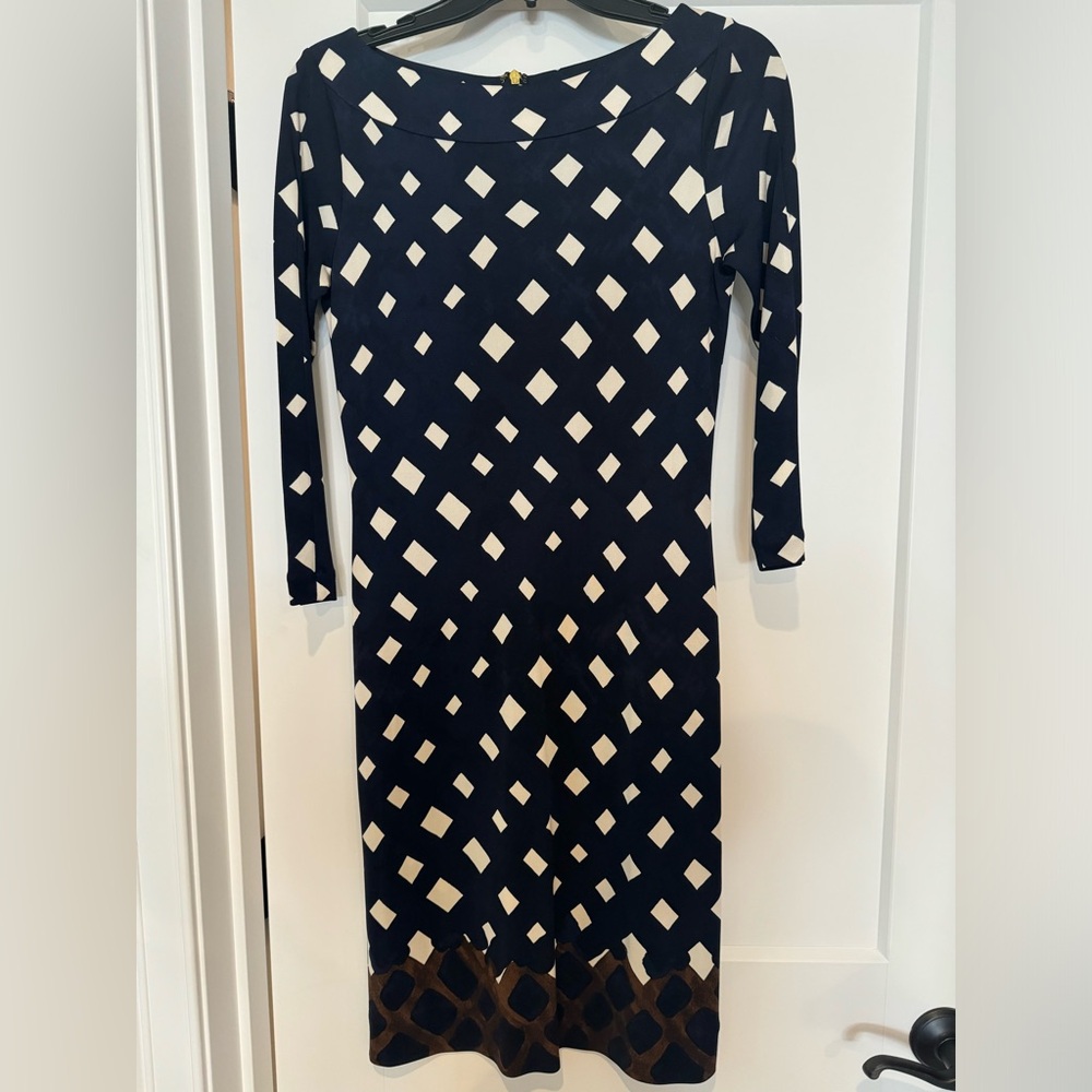 Tory Burch 100% Silk Pencil Dress Navy Blue Knee Length 3/4 Sleeve Size S